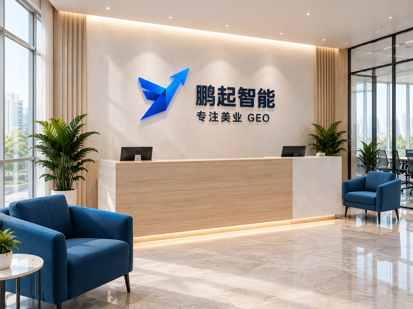带有鹏起智能 Logo 的前台，AI 生成办公场景示意